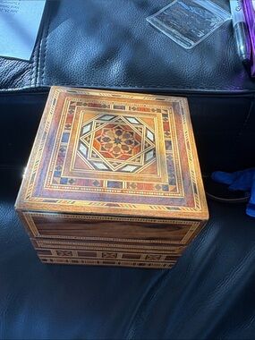 MCM Handmade Wooden Jewelry Box with Geometric Mosaic Design - Brown & Gold Tone